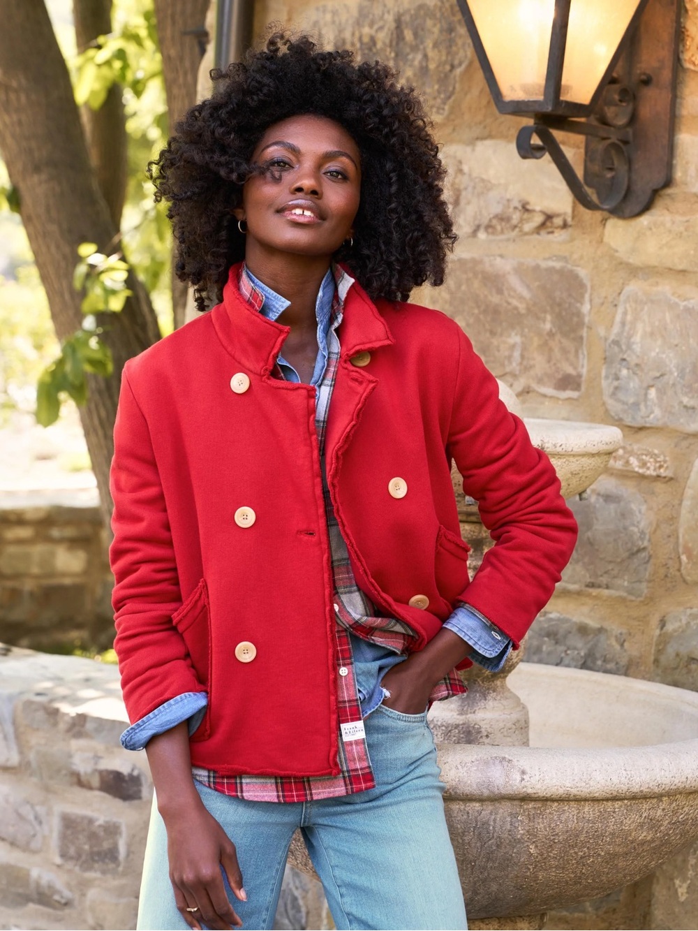 Frank & Eileen Red Double-Breasted Pea Coat with Wooden Buttons
